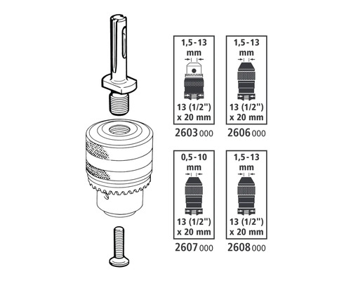 Boorkop met hulpstuk en schroef, evenals schematische weergaven van verschillende formaten