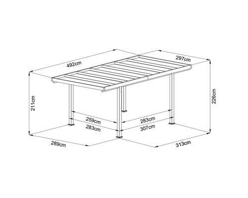 Afmetingen van het tuinpaviljoen: 492 centimeter breed, 297 centimeter diep en 226 centimeter hoog
