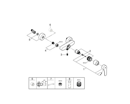Explosietekening van een kraan met onderdelen en afmetingen