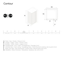 Technische tekening van een douchecabine met afmetingen.