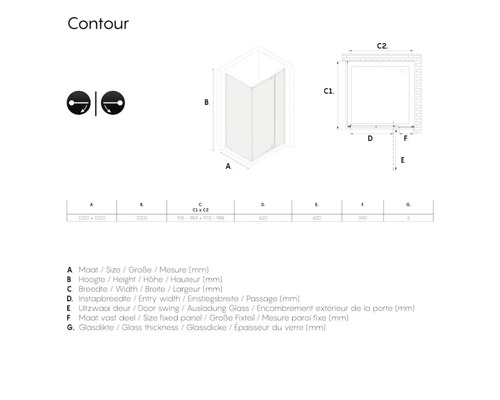 Technische tekening van een douchecabine met afmetingen.