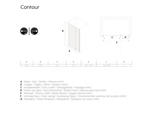 Technische tekening van een douchecabine met maatvoering