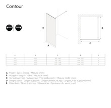 Technische tekening van een douchewand met afmetingen