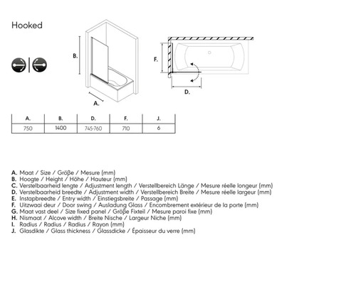 Technische tekening van een badwand met afmetingen