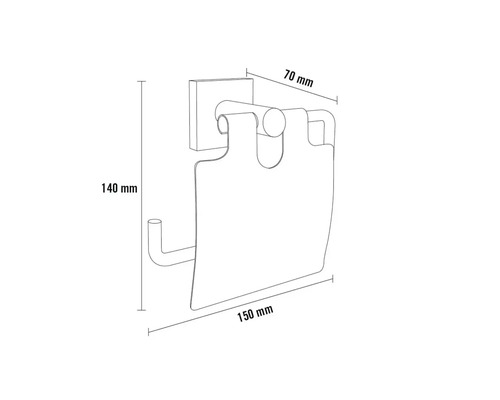 Afmetingen van een toiletpapierhouder: 140 mm hoog, 150 mm breed en 70 mm diep.