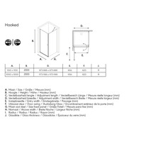 Technische tekening van een douchecabine met afmetingen