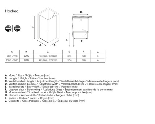 Technische tekening van een douchecabine met afmetingen
