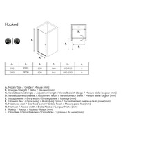 Technische tekening van een douchecabine met afmetingen
