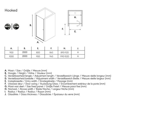 Technische tekening van een douchecabine met afmetingen