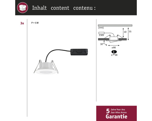 Verpakking van drie inbouwspots met technische tekeningen en garantie-informatie