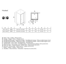 Technische tekening van een douchecabine met afmetingen