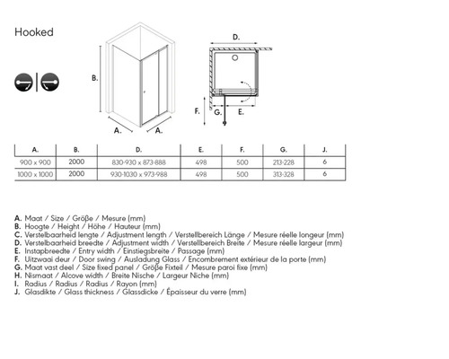 Technische tekening van een douchecabine met afmetingen
