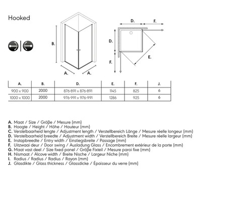 Technische tekening van een douchecabine met maataanduidingen