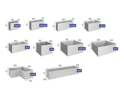 Verschillende plantenbakmaten met afmetingen