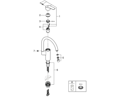 Explosietekening van een kraan met afzonderlijke onderdelen