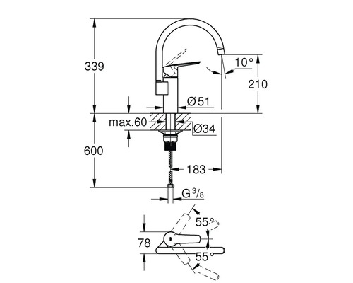 Technische tekening van een kraan met maataanduidingen