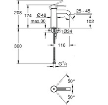 Technische tekening van een kraan met afmetingen