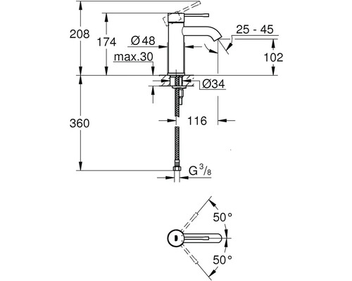 Technische tekening van een kraan met afmetingen