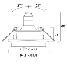 Technische tekening van een inbouwlamp met afmetingen