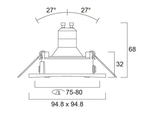 Technische tekening van een inbouwlamp met afmetingen