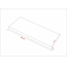 Schets van een houten plank van 65 centimeter lang, 25 centimeter breed en 3 centimeter hoog