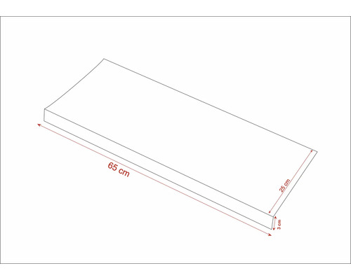 Schets van een houten plank van 65 centimeter lang, 25 centimeter breed en 3 centimeter hoog