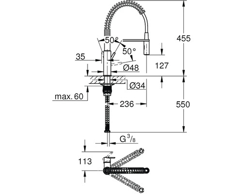 Technische tekening van een keukenkraan met afmetingen