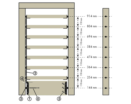 Diagram van een lamellenframe met afmetingen en montage-instructies