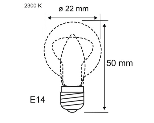 Afbeelding van een E14-gloeilamp met de afmetingen 22 mm diameter en 50 mm hoogte bij 2300 Kelvin.