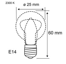 Technische tekening van een E14 gloeilamp met afmetingen 25 millimeter diameter en 60 millimeter hoogte, 2300 Kelvin