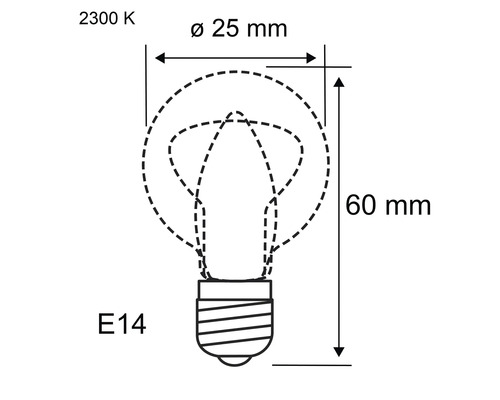 Technische tekening van een E14 gloeilamp met afmetingen 25 millimeter diameter en 60 millimeter hoogte, 2300 Kelvin