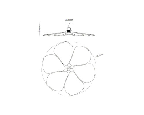 Technische tekening van een plafondventilator met afmetingen