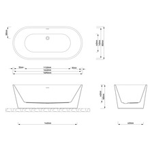 Technische tekening van een vrijstaand bad met afmetingen