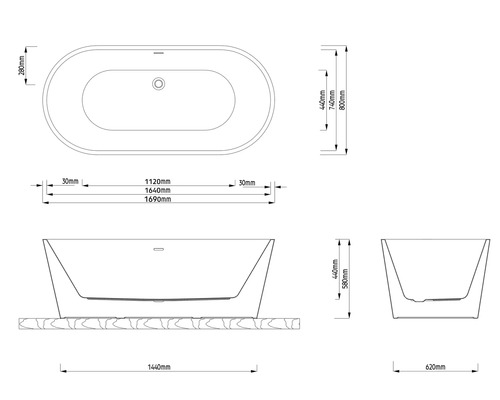 Technische tekening van een vrijstaand bad met afmetingen