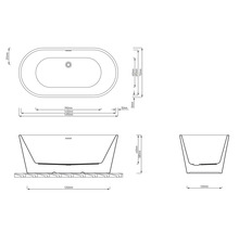 Technische tekening van een vrijstaand bad met afmetingen