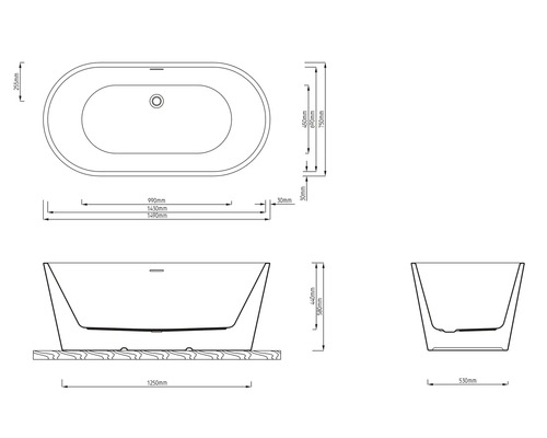 Technische tekening van een vrijstaand bad met afmetingen