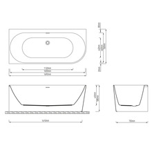 Technische tekening van een badkuip met afmetingen
