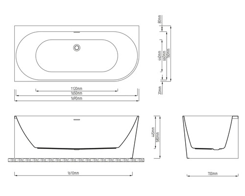 Technische tekening van een badkuip met afmetingen