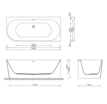 Technische tekening van een badkuip met afmetingen
