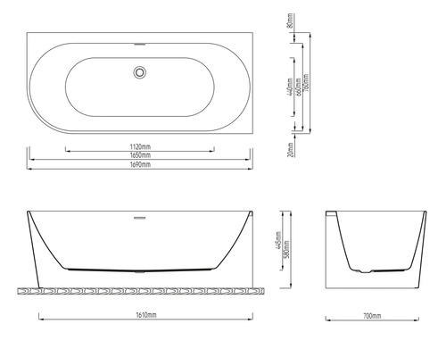 Technische tekening van een badkuip met afmetingen