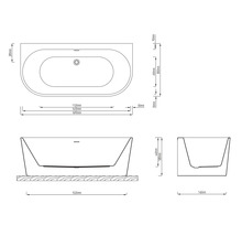 Technische tekening van een badkuip met maatvoering voor installatie.