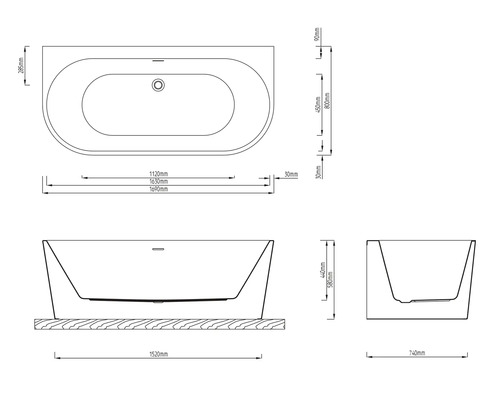 Technische tekening van een badkuip met maatvoering voor installatie.