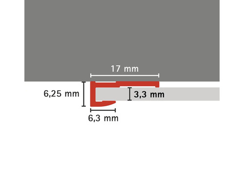 Profielstrip met de afmetingen 17 mm, 6,25 mm, 6,3 mm en 3,3 mm.