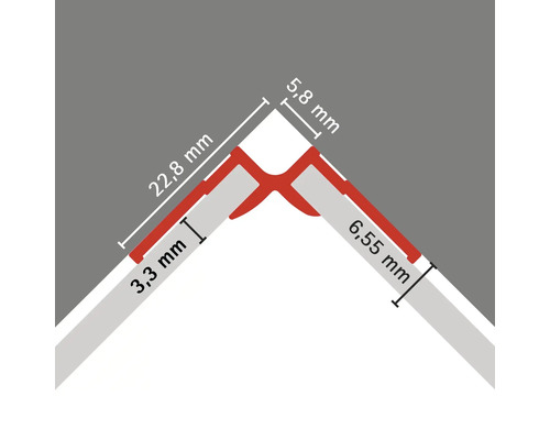 Detailopname van een tegelrailprofiel met afmetingen