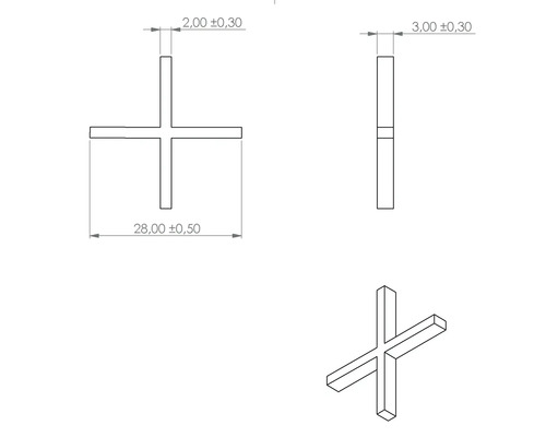 Technische tekening van een tegelkruis met afmetingen