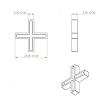 Technische tekening van een tegelkruis met maataanduidingen