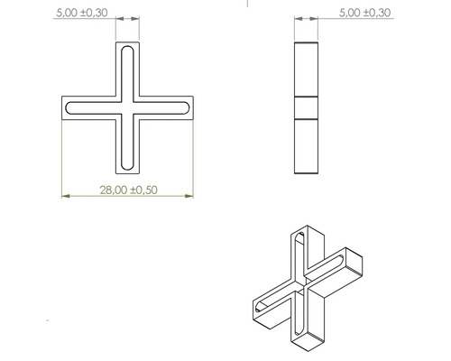 Technische tekening van een tegelkruis met maataanduidingen