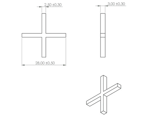 Technische tekening van een tegelkruis met maatvoering