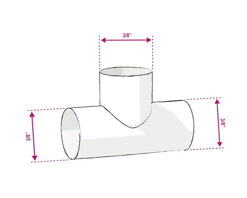 Illustratie van een T-stuk met een afmeting van 3/8 inch