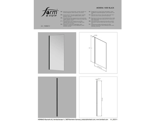 Modena 1000 Black zijwand met helder glas en aluminium profiel